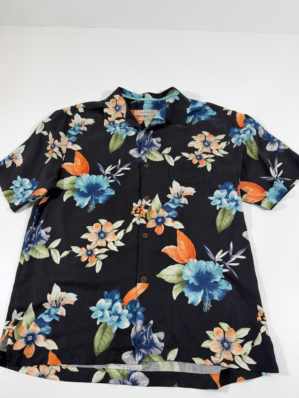 Tommy Bahama Shirt Mens L Black Silk Floral Hawaiian Short Sleeve Button Up